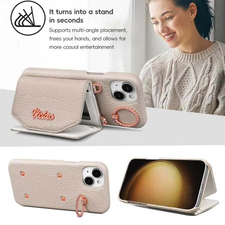 For iPhone 15 Pro VIETAO Ring Holder Card Bag Phone Case with Lanyard(White)
