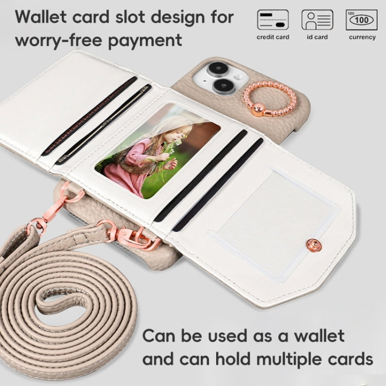 For iPhone 15 Plus VIETAO Ring Holder Card Bag Phone Case with Lanyard(White)