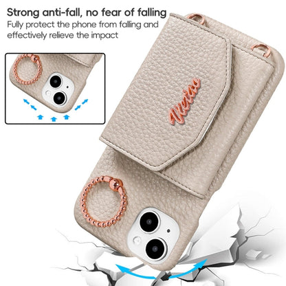 For iPhone 15 VIETAO Ring Holder Card Bag Phone Case with Lanyard(Pink)