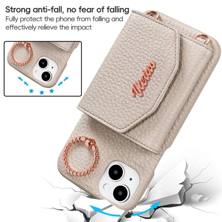 For iPhone 14 VIETAO Ring Holder Card Bag Phone Case with Lanyard(Brown)