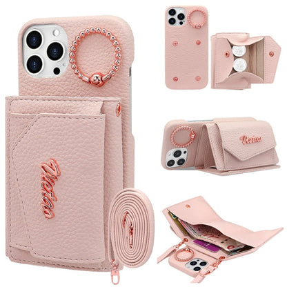 Pour iPhone 15 Pro VIETAO Étui Portefeuille en PU avec Anneau Support et Cordon (Rose)