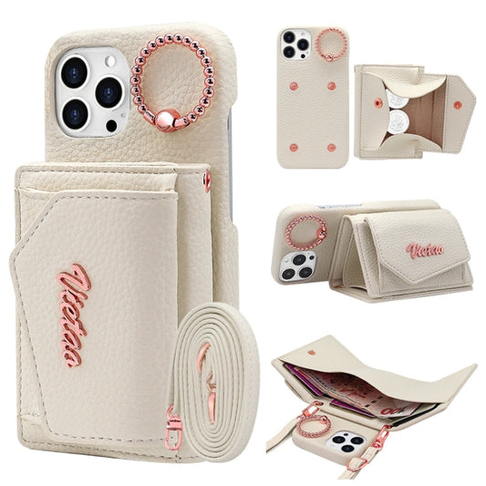 For iPhone 15 Pro VIETAO Ring Holder Wallet PU Phone Case with Lanyard(White)