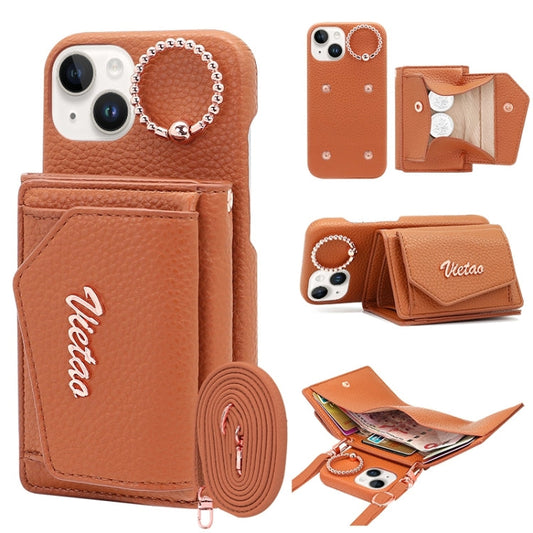 For iPhone 15 Plus VIETAO Ring Holder Wallet PU Phone Case with Lanyard(Brown)