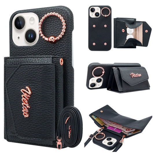 For iPhone 15 VIETAO Ring Holder Wallet PU Phone Case with Lanyard(Black)