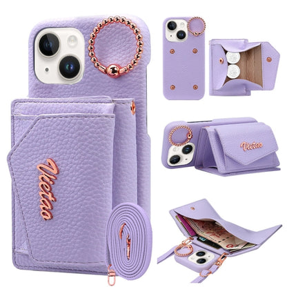 For iPhone 14 VIETAO Ring Holder Wallet PU Phone Case with Lanyard(Purple)
