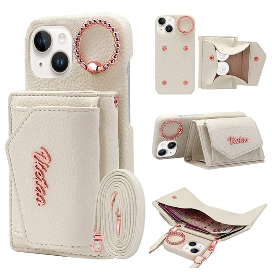 For iPhone 14 VIETAO Ring Holder Wallet PU Phone Case with Lanyard(White)