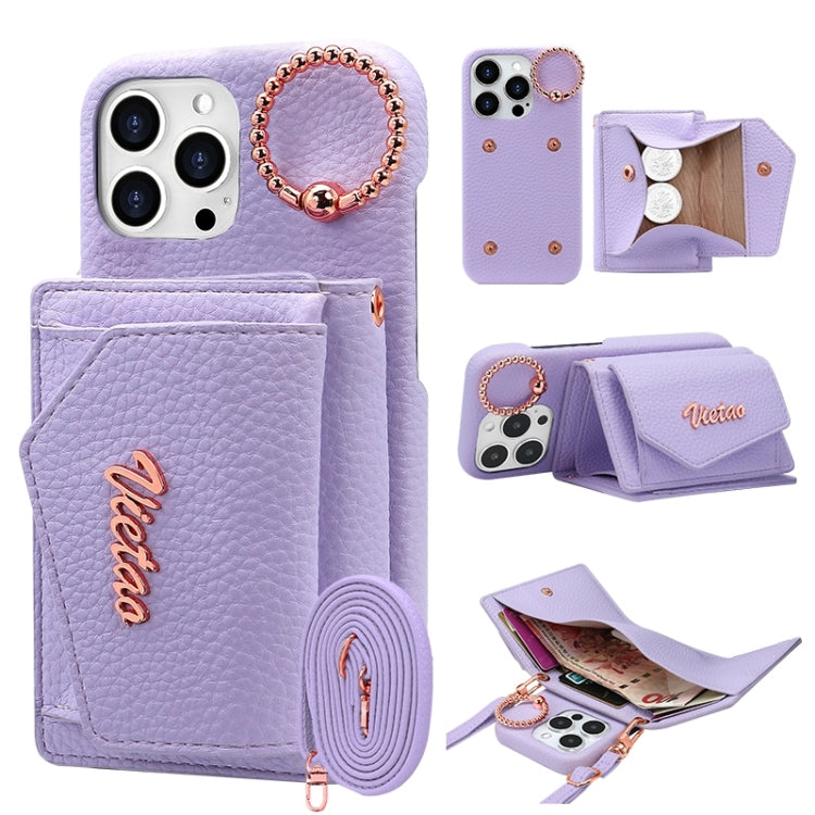 Pour iPhone 14 Pro VIETAO Étui portefeuille en PU avec support anneau et cordon (violet)