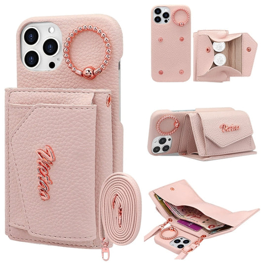 Pour iPhone 13 Pro VIETAO Étui portefeuille en cuir PU avec support de bague et cordon (rose)