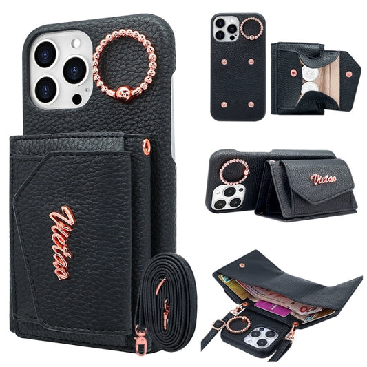 Pour iPhone 13 Pro Étui de téléphone en PU avec support d'anneau et cordon VIETAO (noir)
