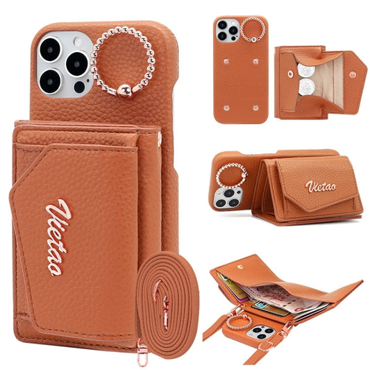 Pour iPhone 13 Pro VIETAO Étui portefeuille en PU avec support anneau et cordon (marron)