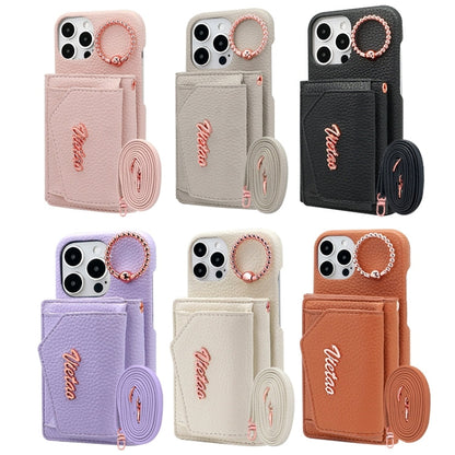 For iPhone 13 VIETAO Ring Holder Wallet PU Phone Case with Lanyard(Pink)