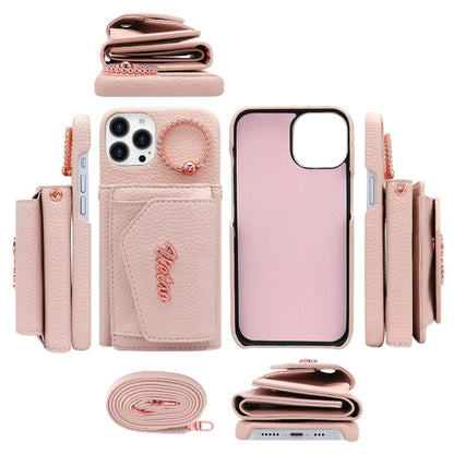 For iPhone 14 Pro Max VIETAO Ring Holder Wallet PU Phone Case with Lanyard(Pink)