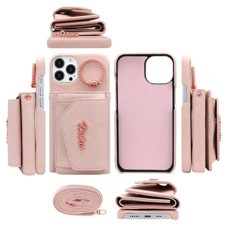 For iPhone 15 Pro VIETAO Ring Holder Wallet PU Phone Case with Lanyard(Black)