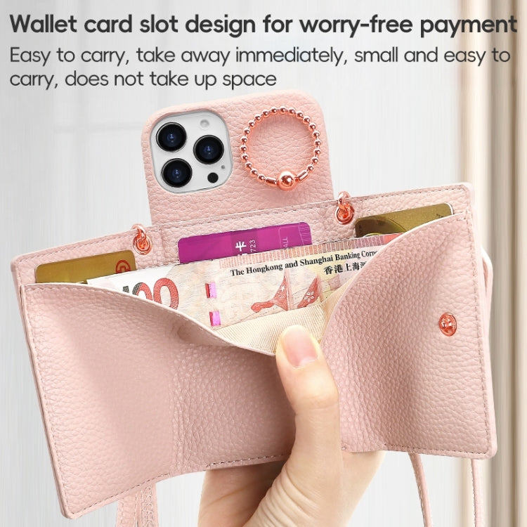 For iPhone 14 Pro Max VIETAO Ring Holder Wallet PU Phone Case with Lanyard(Pink)