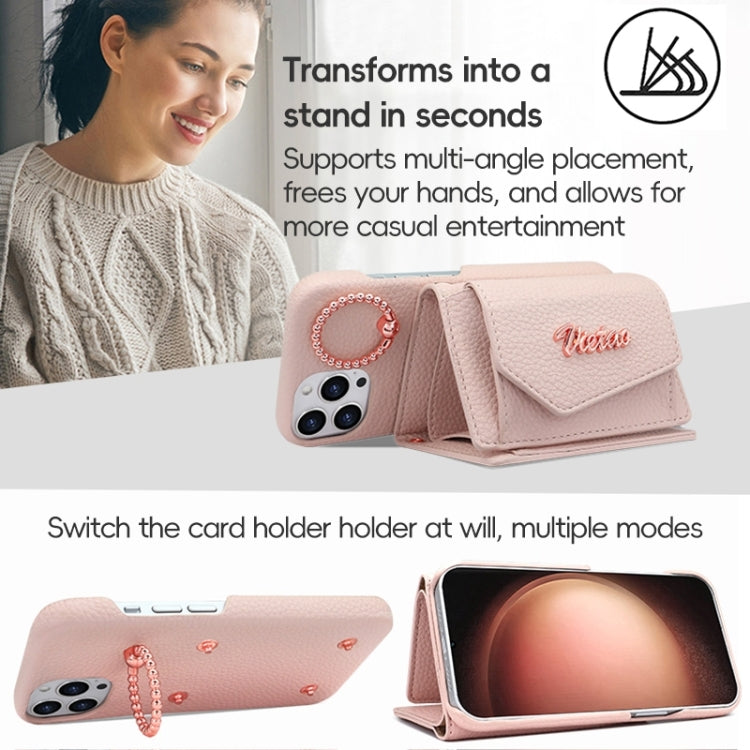For iPhone 15 VIETAO Ring Holder Wallet PU Phone Case with Lanyard(Pink)