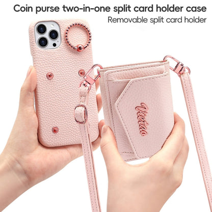 For iPhone 13 VIETAO Ring Holder Wallet PU Phone Case with Lanyard(Pink)