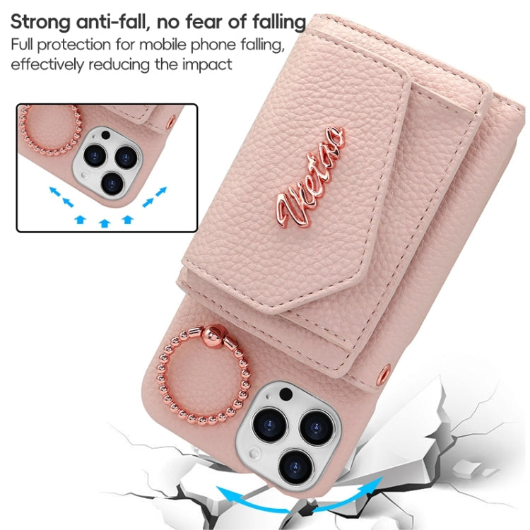 For iPhone 14 Pro Max VIETAO Ring Holder Wallet PU Phone Case with Lanyard(Pink)