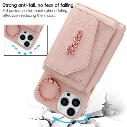 For iPhone 15 VIETAO Ring Holder Wallet PU Phone Case with Lanyard(Brown)