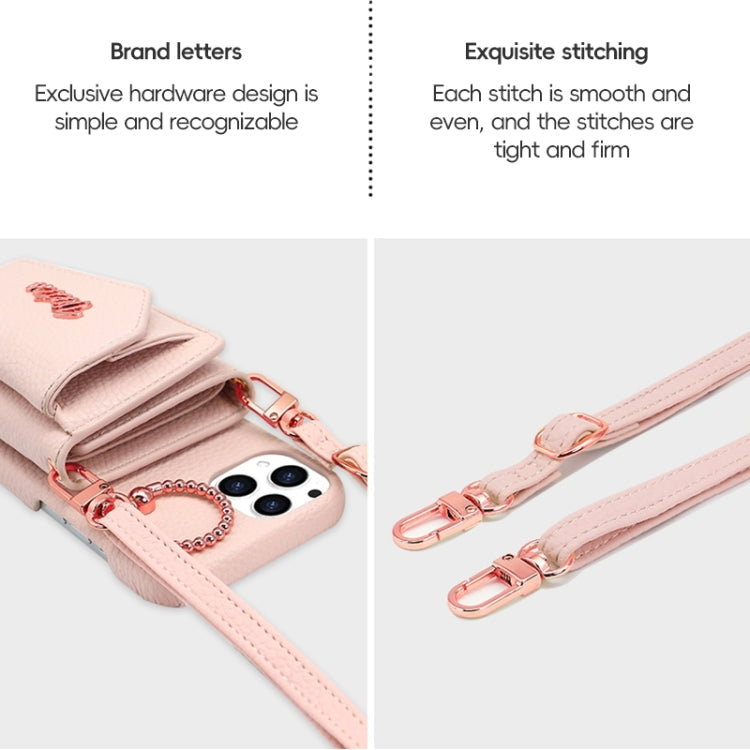 For iPhone 14 Pro Max VIETAO Ring Holder Wallet PU Phone Case with Lanyard(Pink)