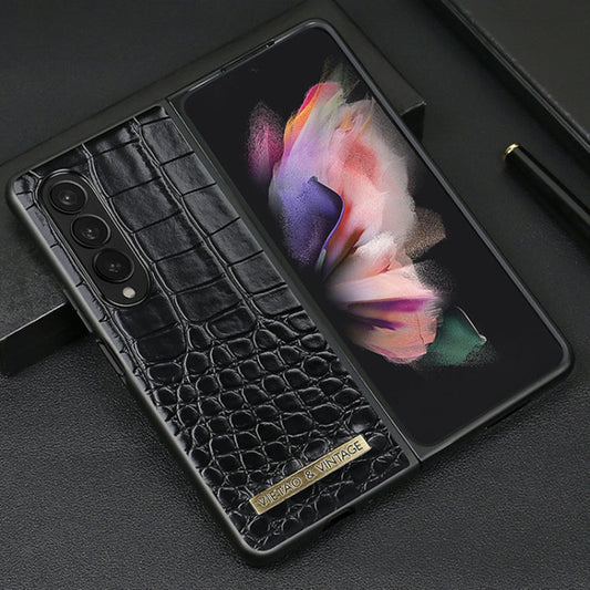 For Samsung Galaxy Z Fold3 5G VIETAO Crocodile Texture PU Leather Phone Case(Black)