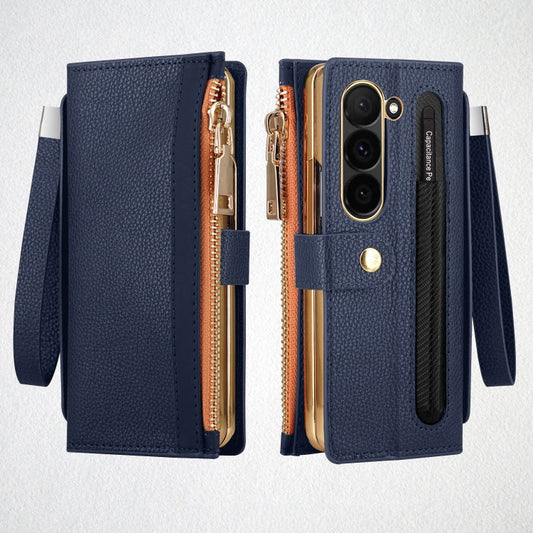 For Samsung Galaxy Z Fold5 VIETAO RFID Wallet Leather Phone Case with Wrist Strap(Blue)
