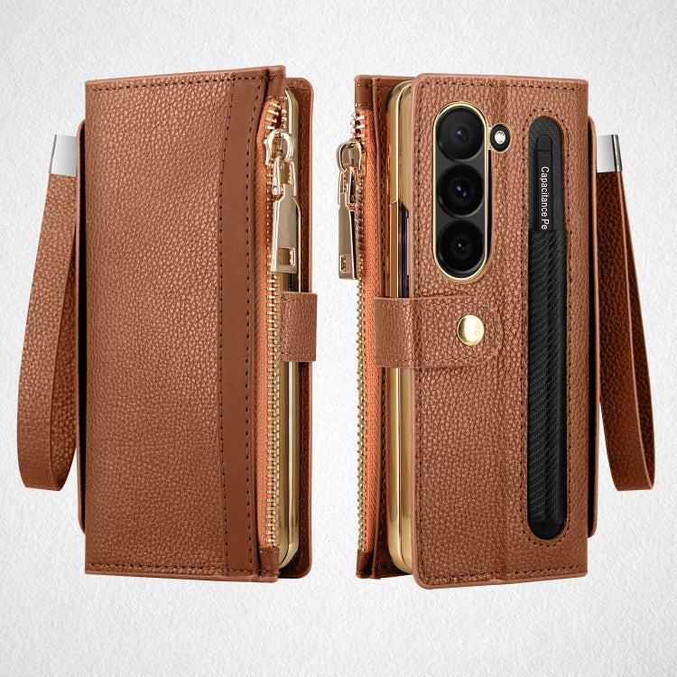 For Samsung Galaxy Z Fold5 VIETAO RFID Wallet Leather Phone Case with Wrist Strap(Brown)