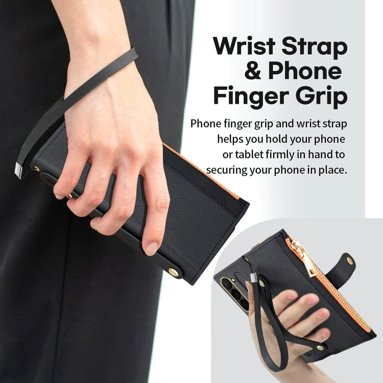 For Samsung Galaxy Z Fold5 VIETAO RFID Wallet Leather Phone Case with Wrist Strap(Brown)