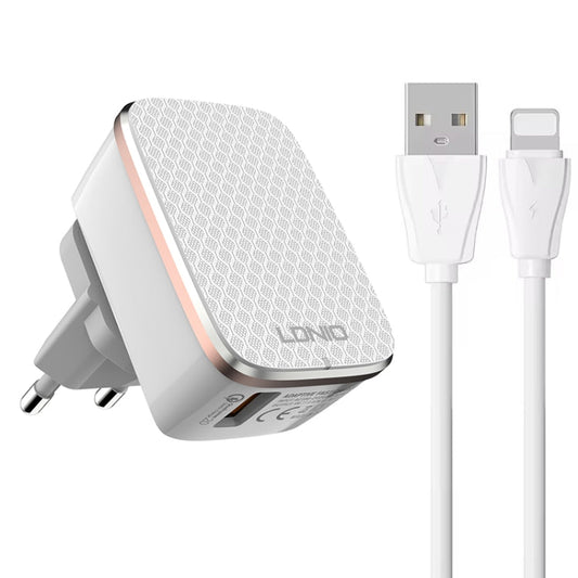 Chargeur rapide USB LDNIO A1204Q QC3.0 18W avec câble USB vers 8 broches de 1m, Type de prise : Prise UE (Blanc Or)