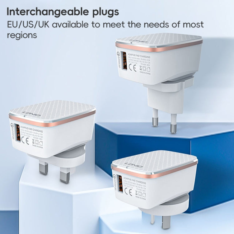 LDNIO A1204Q QC3.0 18W USB Fast Charger with 1m USB to 8 Pin Cable, Plug Type:UK Plug(White Gold)