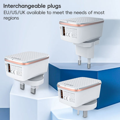LDNIO A1204Q QC3.0 18W USB Fast Charger with 1m USB to 8 Pin Cable, Plug Type:UK Plug(White Gold)