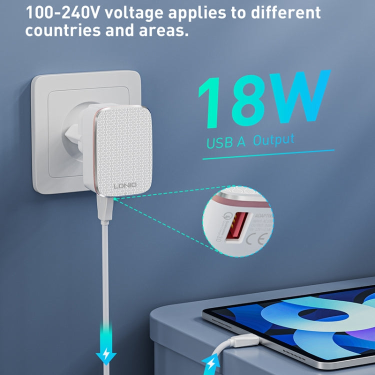 LDNIO A1204Q QC3.0 18W USB Fast Charger with 1m USB to 8 Pin Cable, Plug Type:UK Plug(White Gold)