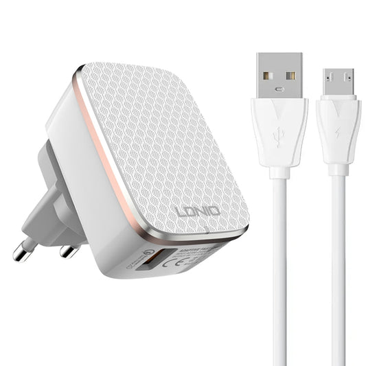 LDNIO A1204Q QC3.0 18W USB Fast Charger with 1m USB to Micro USB Cable, Plug Type:EU Plug(White Gold)