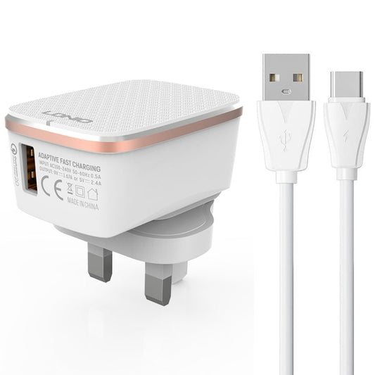 LDNIO A1204Q QC3.0 Chargeur Rapide USB 18W avec Câble USB vers USB-C / Type-C de 1m, Type de Prise: Prise UK (Blanc et Or)