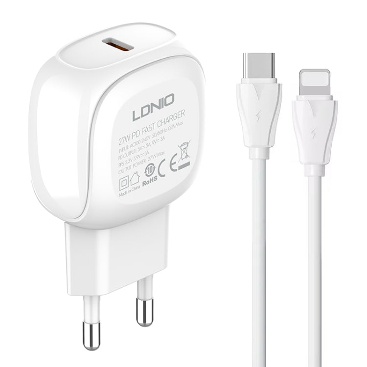 LDNIO A1206C PD27W USB-C / Type-C Fast Charger with 1m 8 Pin Cable, Plug Type:EU Plug(White)