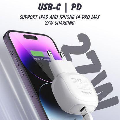 LDNIO A1206C PD27W USB-C / Type-C Fast Charger with 1m 8 Pin Cable, Plug Type:EU Plug(White)