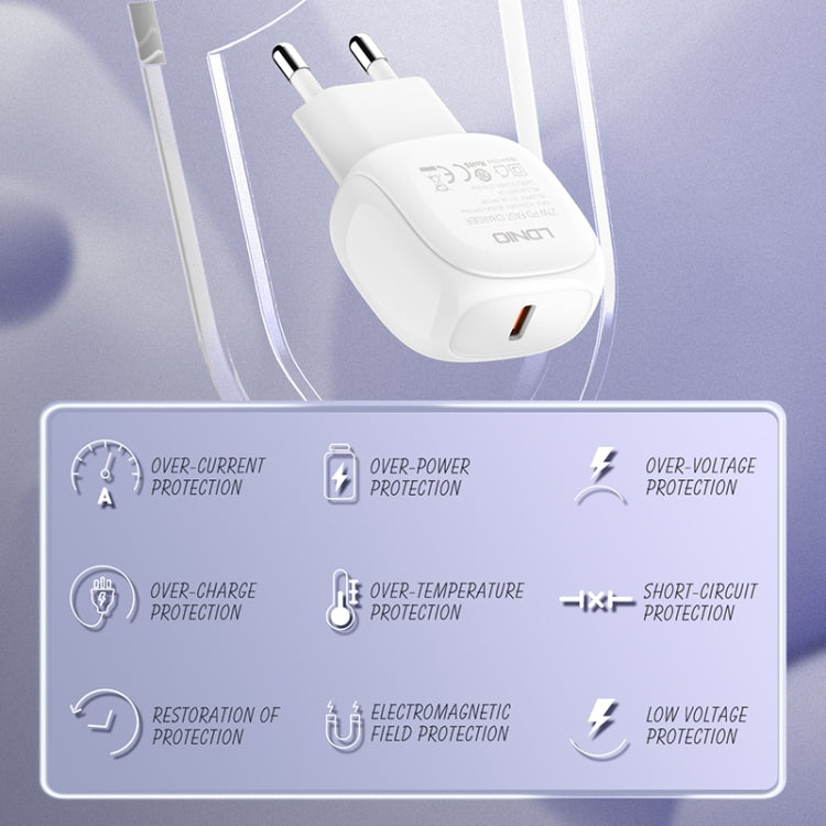 LDNIO A1206C PD27W USB-C / Type-C Fast Charger with 1m 8 Pin Cable, Plug Type:EU Plug(White)