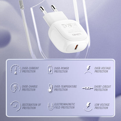 LDNIO A1206C PD27W USB-C / Type-C Fast Charger with 1m 8 Pin Cable, Plug Type:EU Plug(White)
