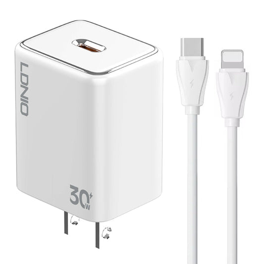 Chargeur rapide LDNIO A1508C PD30W USB-C / Type-C avec câble 8 broches de 1 m (blanc)