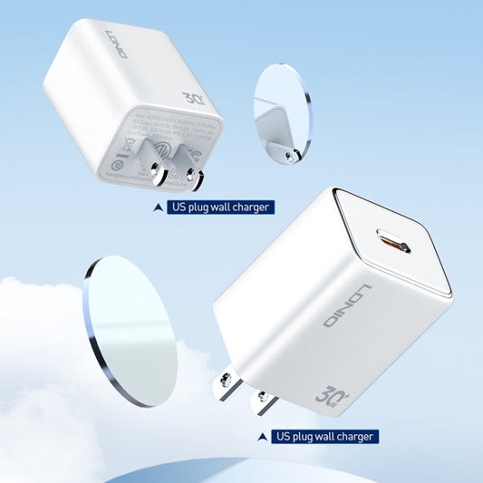 Chargeur rapide LDNIO A1508C PD30W USB-C / Type-C avec câble 8 broches de 1 m (blanc)