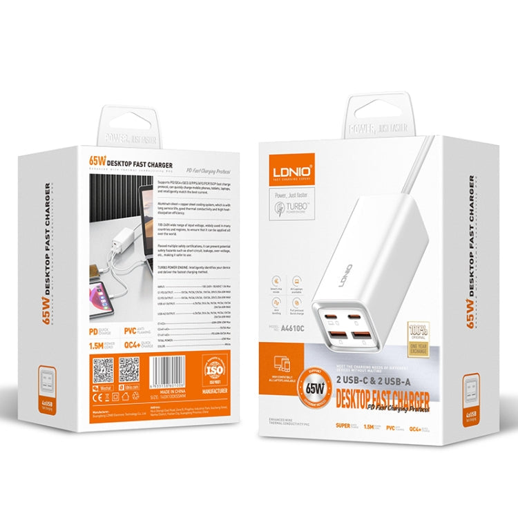 LDNIO A4610C PD65W Dual USB-C / Type-C + Dual USB Fast Charger, Cable Length: 1.5m, Plug Type:EU Plug·(White)