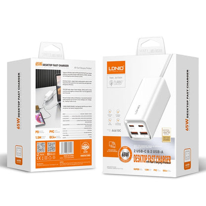 LDNIO A4610C PD65W Dual USB-C / Type-C + Dual USB Fast Charger, Cable Length: 1.5m, Plug Type:EU Plug·(White)