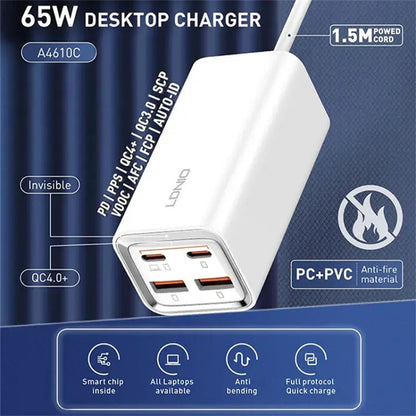 LDNIO A4610C PD65W Dual USB-C / Type-C + Dual USB Fast Charger, Cable Length: 1.5m, Plug Type:EU Plug·(White)