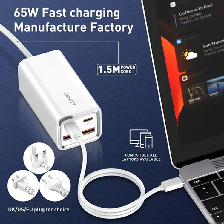 LDNIO A4610C PD65W Dual USB-C / Type-C + Dual USB Fast Charger, Cable Length: 1.5m, Plug Type:EU Plug·(White)