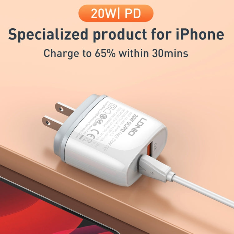 LDNIO Q229 QC3.0 / PD20W USB + Type-C Fast Charger with 1m USB to 8 Pin Cable, Plug Type:UK Plug(White)