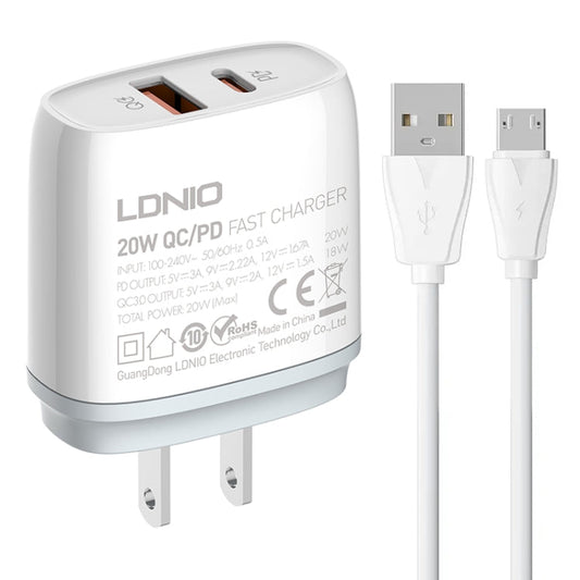 Chargeur rapide LDNIO Q229 QC3.0 / PD20W USB + Type-C avec câble USB vers Micro USB de 1 m, Type de prise : Prise US (Blanc)