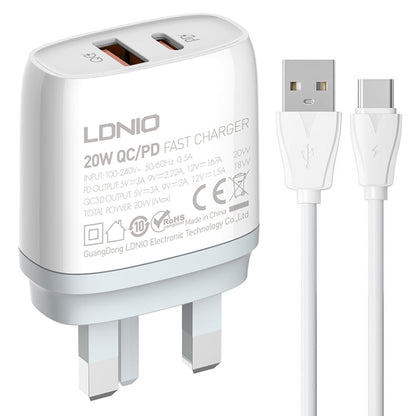 LDNIO Q229 QC3.0 / PD20W USB + Type-C Fast Charger with 1m USB to Type-C Cable, Plug Type:UK Plug(White)