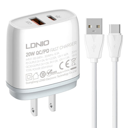 LDNIO Q229 QC3.0 / PD20W USB + Type-C Fast Charger with 1m USB to Type-C Cable, Plug Type:US Plug(White)