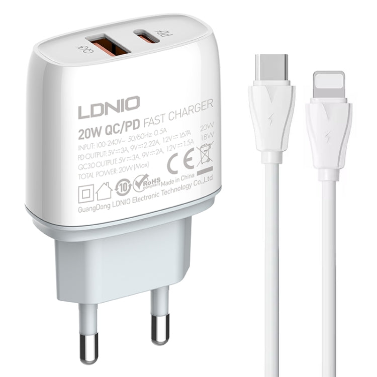 Chargeur rapide LDNIO Q229 QC3.0 / PD20W USB + Type-C avec câble Type-C vers 8 broches de 1 m, Type de prise : Prise UE (blanc)