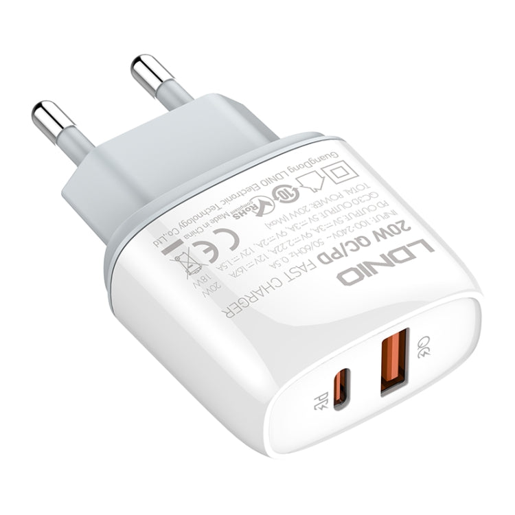 Chargeur rapide LDNIO Q229 QC3.0 / PD20W USB + Type-C avec câble Type-C vers 8 broches de 1 m, Type de prise : Prise UE (blanc)
