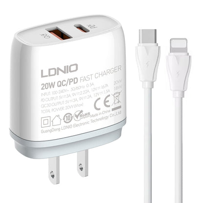 LDNIO Q229 QC3.0 / PD20W USB + Type-C Fast Charger with 1m Type-C to 8 Pin Cable, Plug Type:US Plug(White)